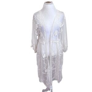 Lauren Conrad Womens Boho Sheer Lace Floral Kimono Duster Size OS Cream Cover Up